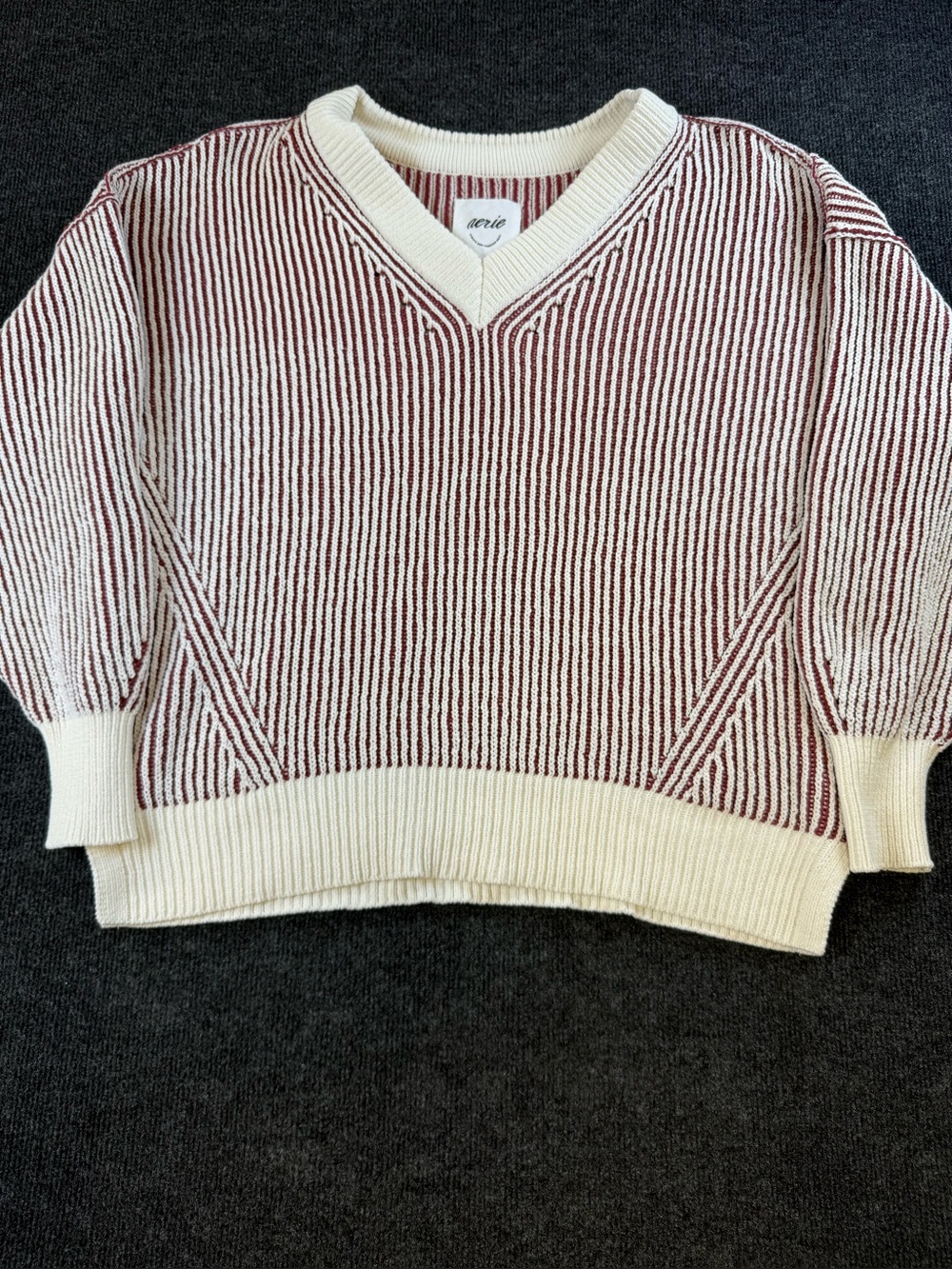 aerie Cream & Burgundy Striped V-Neck Sweater